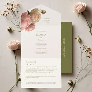 Elfenbein und Olivenöl Blush-Rose-Hochzeit All In One Einladung