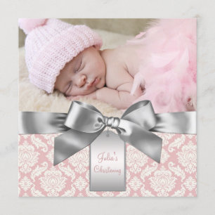 Elfenbein und rosa Damaske Baby Girl Foto Christen Einladung