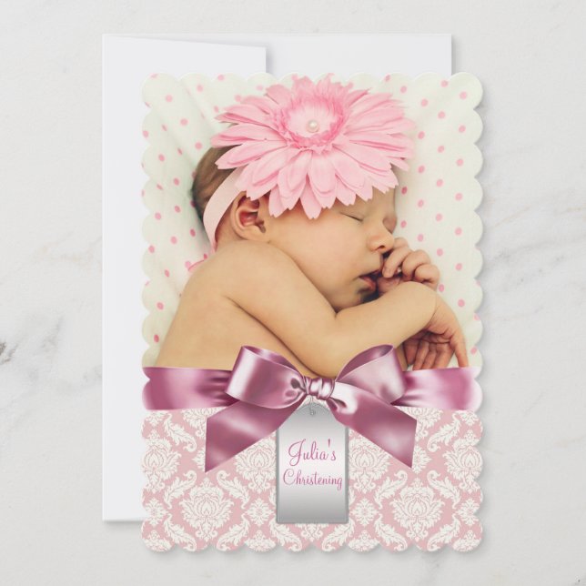 Elfenbein und rosa Damaske Baby Girl Foto Christen Einladung (Vorderseite)