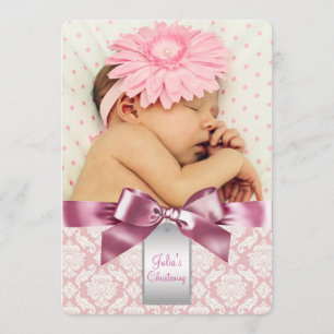 Elfenbein- und rosa Damast-Tauf-Foto für Baby Mädc Einladung