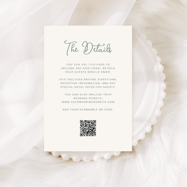 Elfenbein und Sage Green Wedding Guest Details QR  Begleitkarte (An elegant, ivory cream wedding details card with sage green text and a QR code)