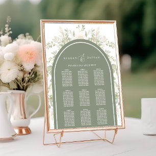 Elfenbein- und Salbei-Blumenbogen-Hochzeitssitzpla Poster