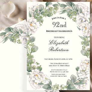 Elfenbein und Salbei-Grün Floral 92. Geburtstag Einladung