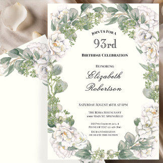 Elfenbein und Salbei-grüne Floral 93. Geburtstag Einladung