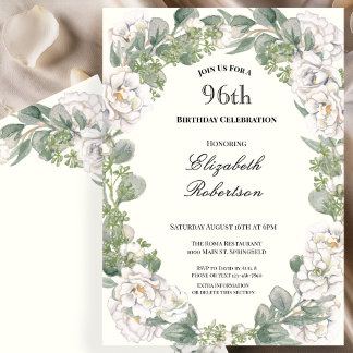 Elfenbein und Salbei-grüne Floral 96. Geburtstag Einladung