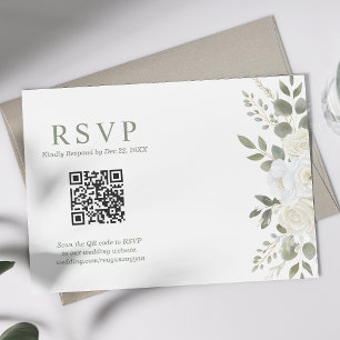 Elfenbein und Salbei QR-Code Florale Hochzeits-RSV RSVP Karte