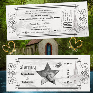 Elfenbein- und Schwarze Kapellenticket-Hochzeitsei Einladung