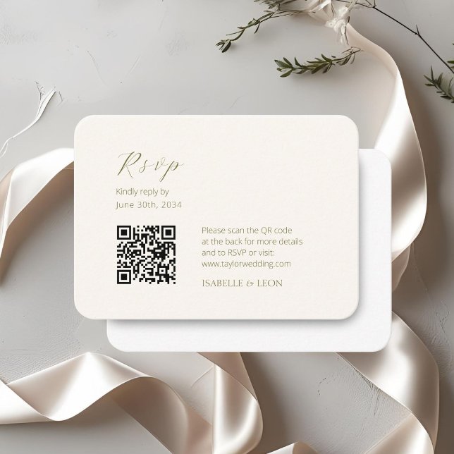 Elfenbein und Weiß | Chic Simple Scrpt QR Code Wed Begleitkarte (Von Creator hochgeladen)