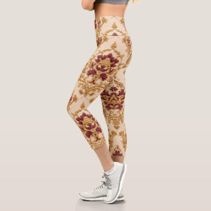Elfenbein vergoldeter floraler Damast Capri Leggings