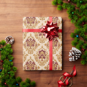 Elfenbein Vergoldeter Floraler Damast Geschenkpapier