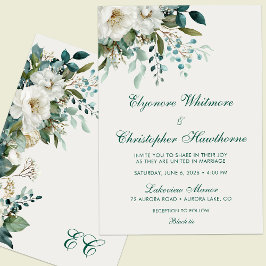 Elfenbein Wald Teal Schrift Blumenhochzeit Einladung