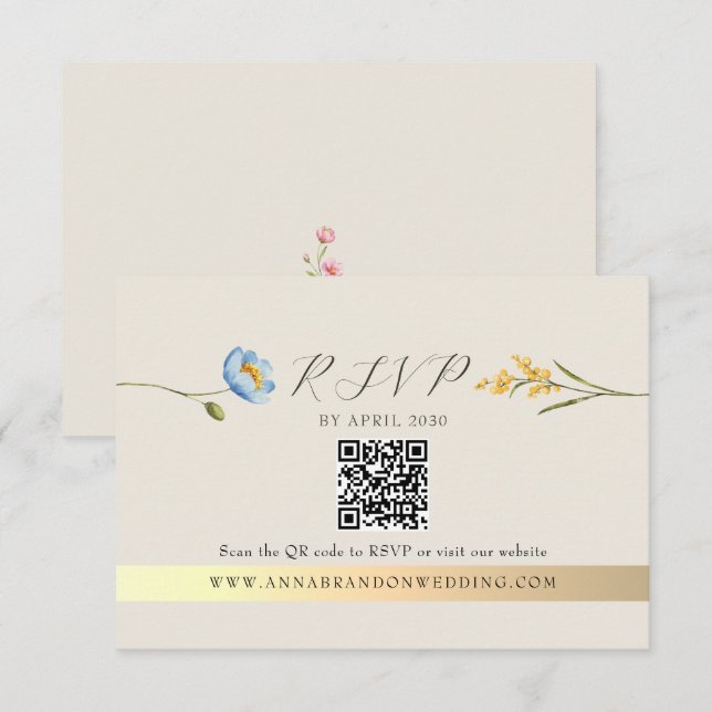 Elfenbein-Wildblumen-QR-Code-Hochzeit RSVP Karte (Vorne/Hinten)