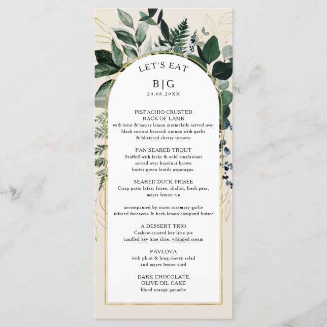 Elfenbeinbeige Elegante Moderne Botanische Botanis Menükarte (Vorderseite)