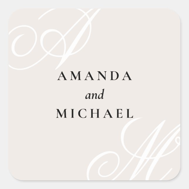 Elfenbeinbeige Elegante Monogram Wedding Square Quadratischer Aufkleber (Vorderseite)