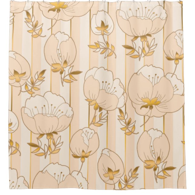 Elfenbeinbeige: Luxuriöses Blumenmuster. Duschvorhang (Vorderseite)