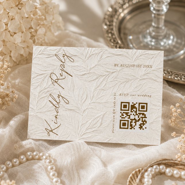 Elfenbeinblättriger eleganter Hochzeits-QR-Code  RSVP Karte (Von Creator hochgeladen)