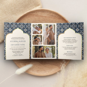 Elfenbeinblaue Muster-All-in-One-Indische Hochzeit Dreifach Gefaltete Einladung