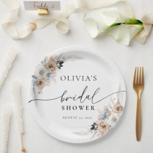 Elfenbeinblume und blauer Boho Brautparty Pappteller