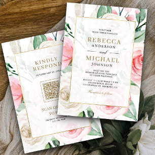 Elfenbeinblush Pink Blütengoldrahmen QR Code Hochz Einladung