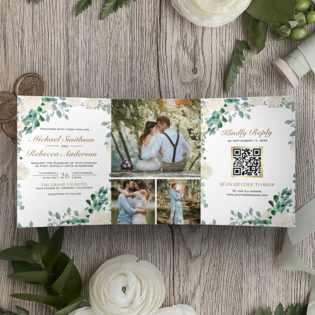 Elfenbeinblütengrün-Blätter QR-Code Hochzeit Dreifach Gefaltete Einladung (Von Creator hochgeladen)