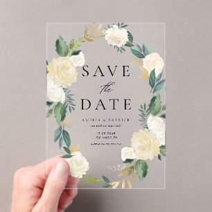 Elfenbeinblütenrege mit Imitaten Save the Date bel Acryleinladungen