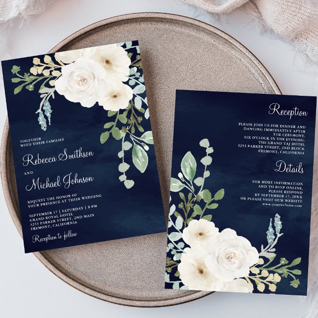 Elfenbeinblüter-Blätter Navy All in One Wedding Einladung (Von Creator hochgeladen)