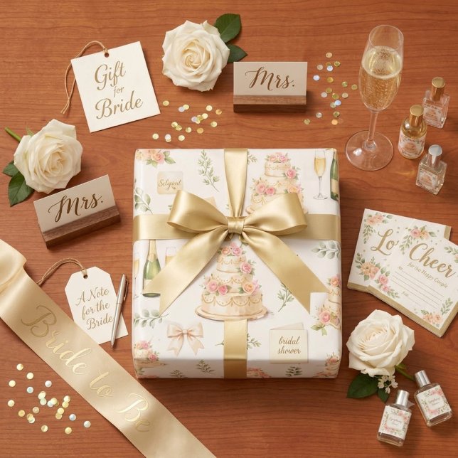 Elfenbeinbögen und Champagner Brautparty-Muster Geschenkpapier (Von Creator hochgeladen)