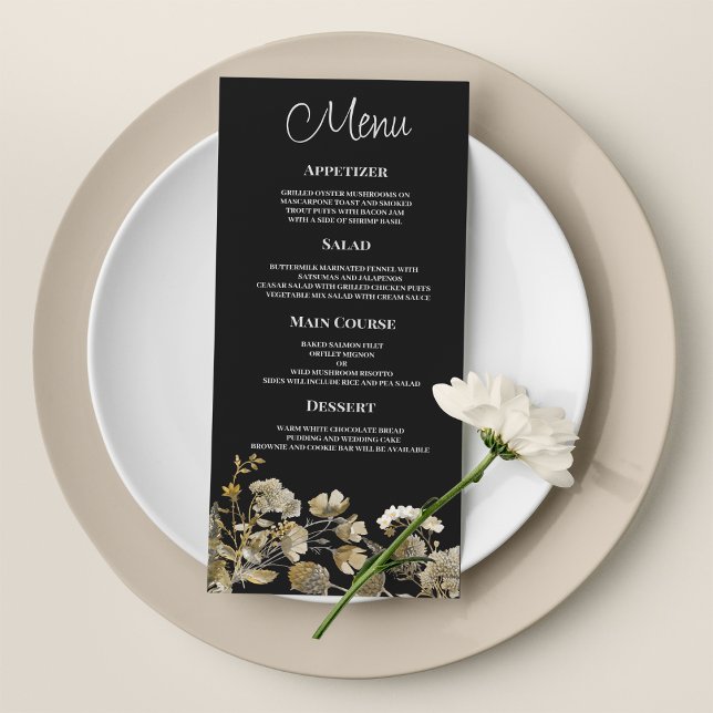 Elfenbeinbraun, schwarze Wildblume - Hochzeitsmenü Programm (Ivory brown black wildflower winter Wedding Menu)