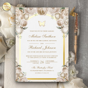 Elfenbeincreme-Arch-Schmetterling-Hochzeit Folieneinladung