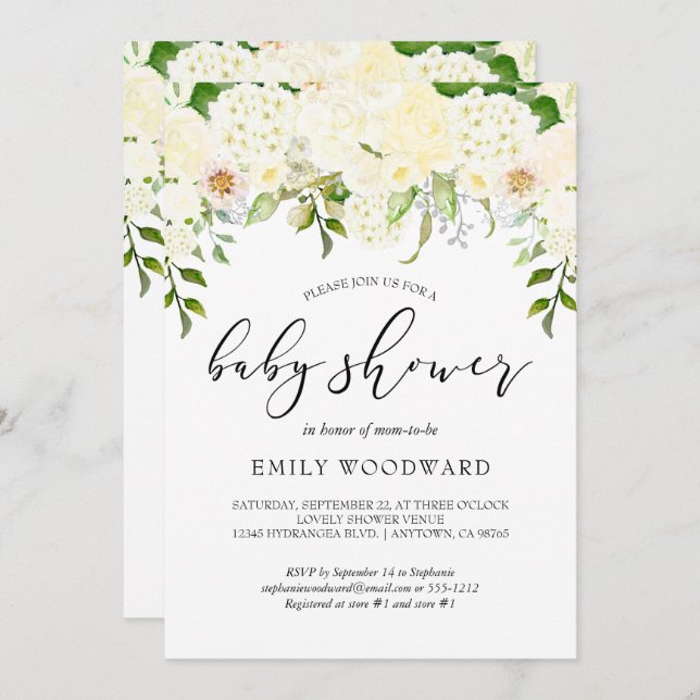 Elfenbeincreme Blumengrün Aquarell Babydusche Einladung (Vorne/Hinten)