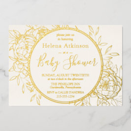 Elfenbeincreme & Gold Moderne Peony Toile Baby Dus Folieneinladung