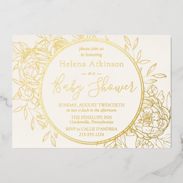 Elfenbeincreme & Gold Moderne Peony Toile Baby Dus Folieneinladung (Vorderseite)
