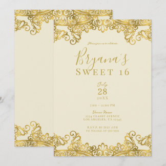 Elfenbeincreme & Gold Spitzen Elegant Sweet 16 Par Einladung