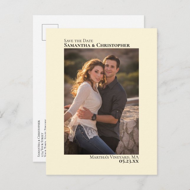 Elfenbeincreme Minimalistisch Hochzeit Foto Save t Ankündigungspostkarte (Vorne/Hinten)