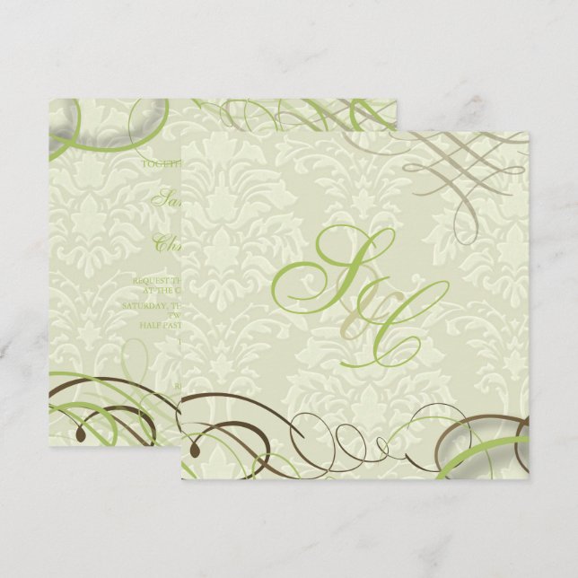 ElfenbeinDamast, Swooshes+Wirbel Einladung (Vorne/Hinten)