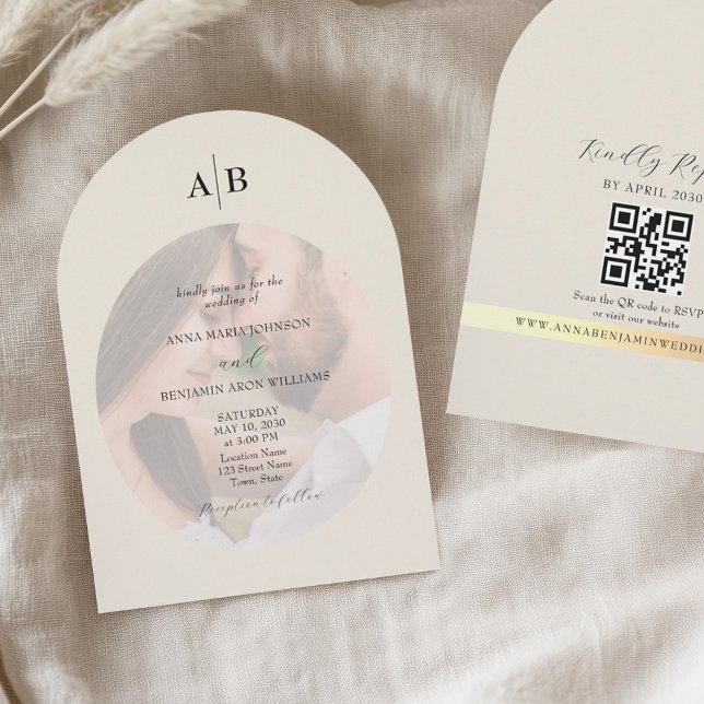 Elfenbeinerner QR-Code und Monogramm-Foto-Hochzeit Einladung (Von Creator hochgeladen)