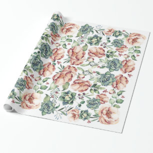 elfenbeinfarbene Blumen und Sukkulenten im Herbst Geschenkpapier