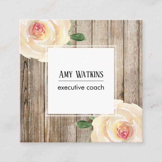 Elfenbeinfarbene Rose, rustikales Holz, soziale Sy Quadratische Visitenkarte (Vorderseite)