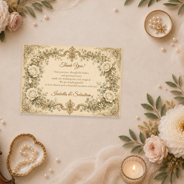 Elfenbeinfarbene Rosenhochzeit Dankeskarte (Von Creator hochgeladen)