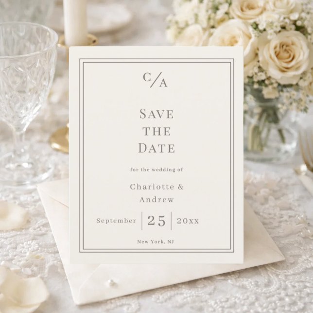 Elfenbeinfarbene Taupe-Monogramm-Hochzeit-Save-the (Von Creator hochgeladen)