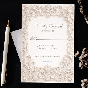 Elfenbeinfarbenes Hochzeitskartenset im Rokoko-Prä RSVP Karte