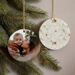 Elfenbeinfestes botanisches Foto Keramik Ornament<br><div class="desc">Ein fröhlich handbemaltes festliches botanisches Foto Keramik Ornament. Passen Sie mit Ihrem eigenen Foto und Unterschrift auf,  um Jahr für Jahr zu schätzen!</div>