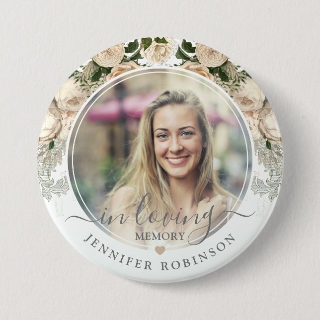 Elfenbeinfloral in Love Memory Foto Memorial Button (Vorderseite)