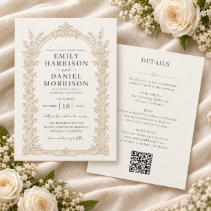 Elfenbeingraue Hochzeit mit geprägtem floralem Bog Einladung