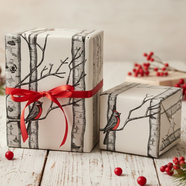 Elfenbeingroße Birkenbäume und Vögel des Roten Kar Geschenkpapier (Festive Ivory Winter Christmas Red Cardinal Wrapping Paper. Elegant Birch Forest Trees Birds Pattern)