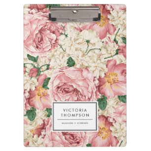 Elfenbeingroße Hortensien und rosa Gartenrosen Blu Klemmbrett