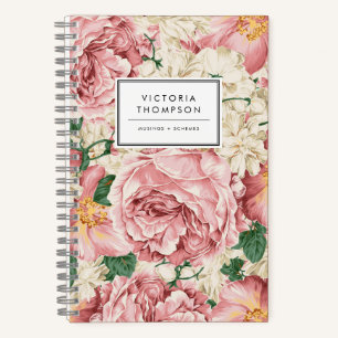 Elfenbeingroße Hortensien und rosa Gartenrosen Blu Notizbuch