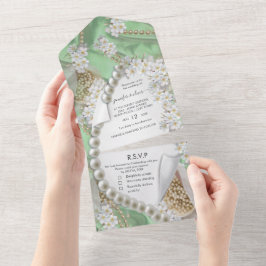 Elfenbeingrün-goldene Perlen auf einer Hochzeit All In One Einladung