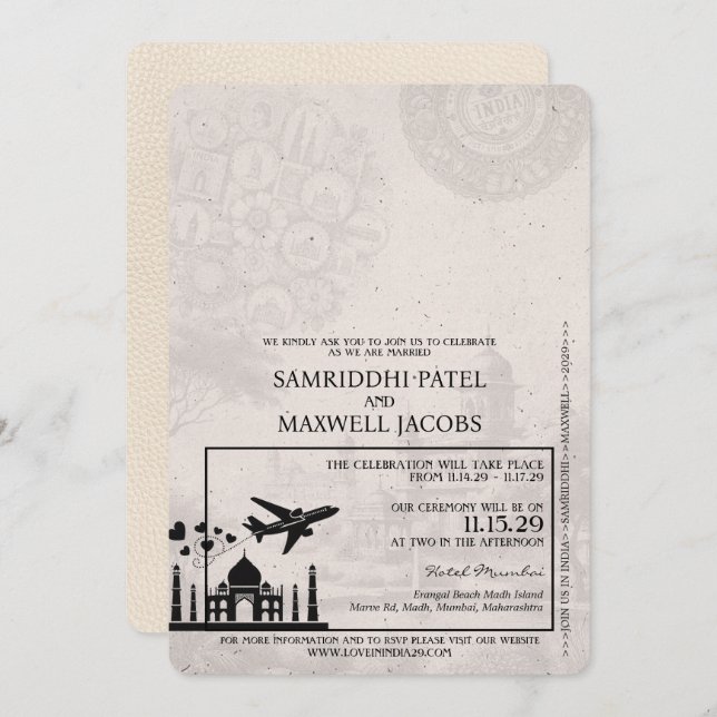 Elfenbeinindischer Pass - Einladung zur Hochzeitsf (Vorne/Hinten)
