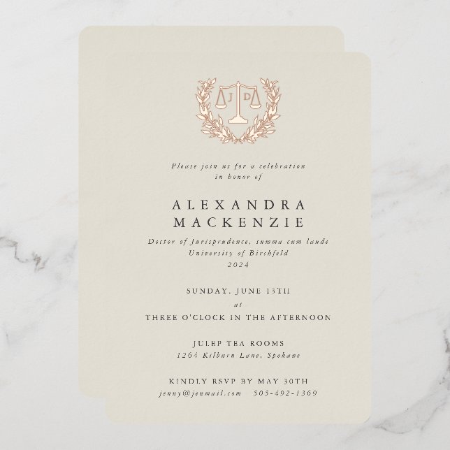 Elfenbeinjordeskala+Laurel Wreath Graduation Party Folieneinladung (Vorderseite/Rückseite)